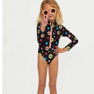 Beach Riot Girls Black Floral Long-Sleeve One-Piece Swimsuit with Pink Zip